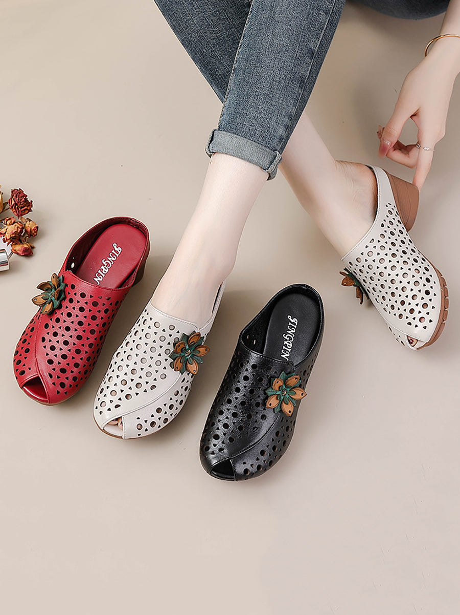 Women Summer Genuine Leather Flower Mid Heel Slippers