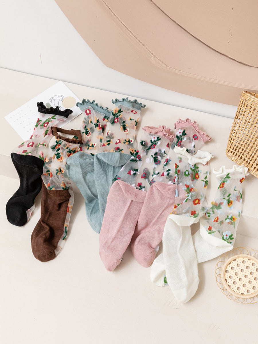 5 Pairs Women Summer Floral Lace Spliced Socks