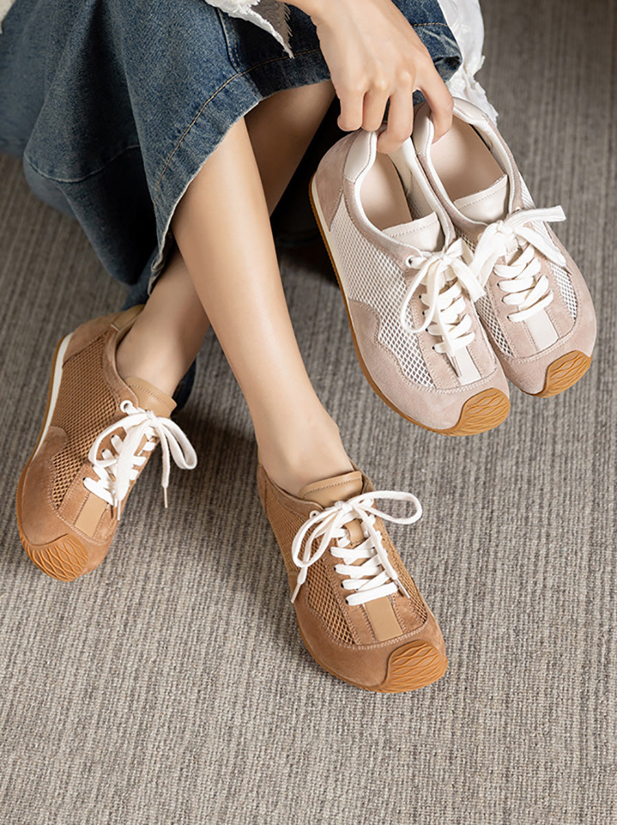 Women Summer Vintage Leather Spliced Mesh Shoes