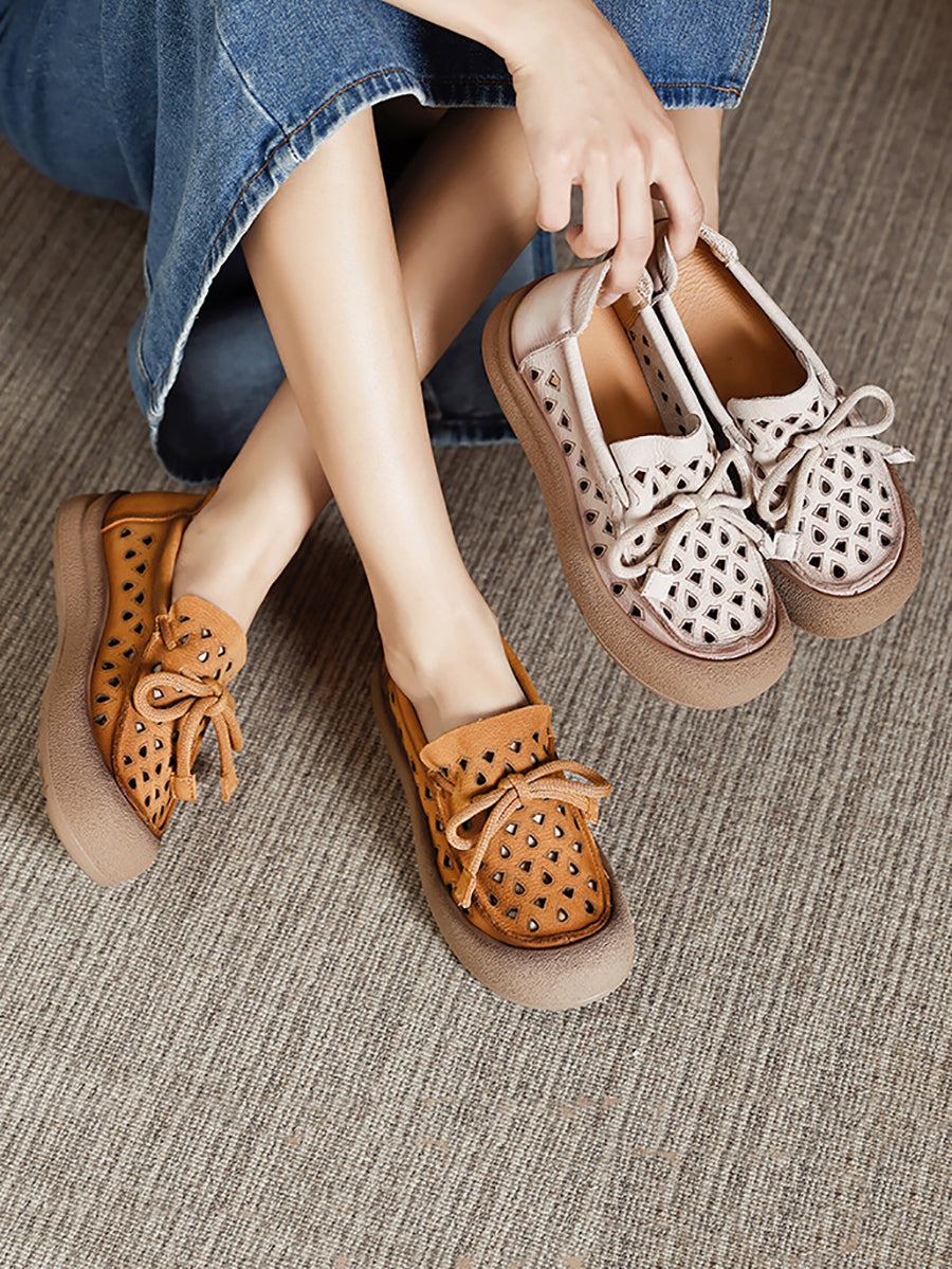 Women Summer Genuine Leather Hollow Out Flat Shoes