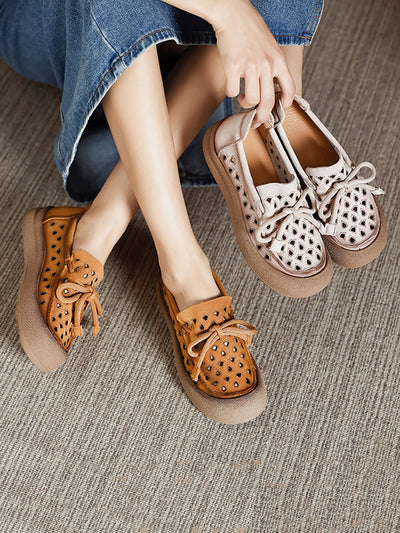 Women Summer Genuine Leather Hollow Out Flat Shoes