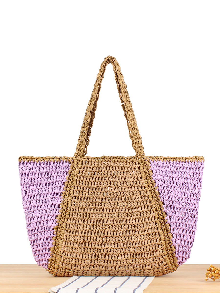 Women Casual Colorblock Straw Weave Shoulder Bag