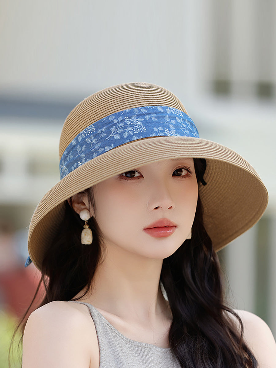 Women Summer Straw Lacing Bucket Hat