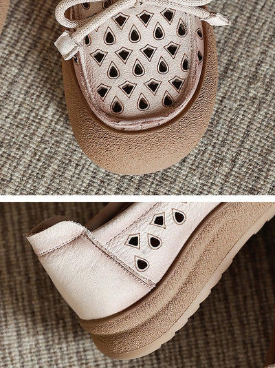 Women Summer Genuine Leather Hollow Out Flat Shoes