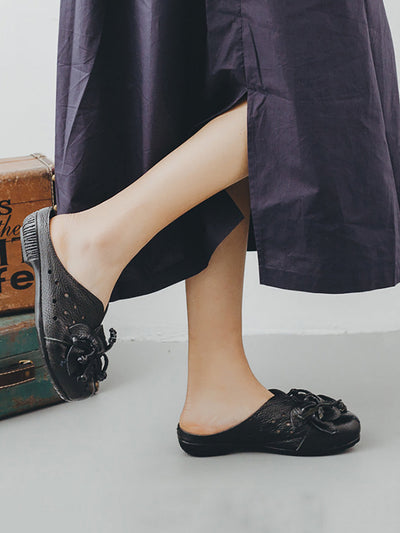 Women Vintage Leather Flower Low Heel Slippers