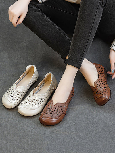 Women Soft Genuine Leather Hollow Out Low Heel Shoes