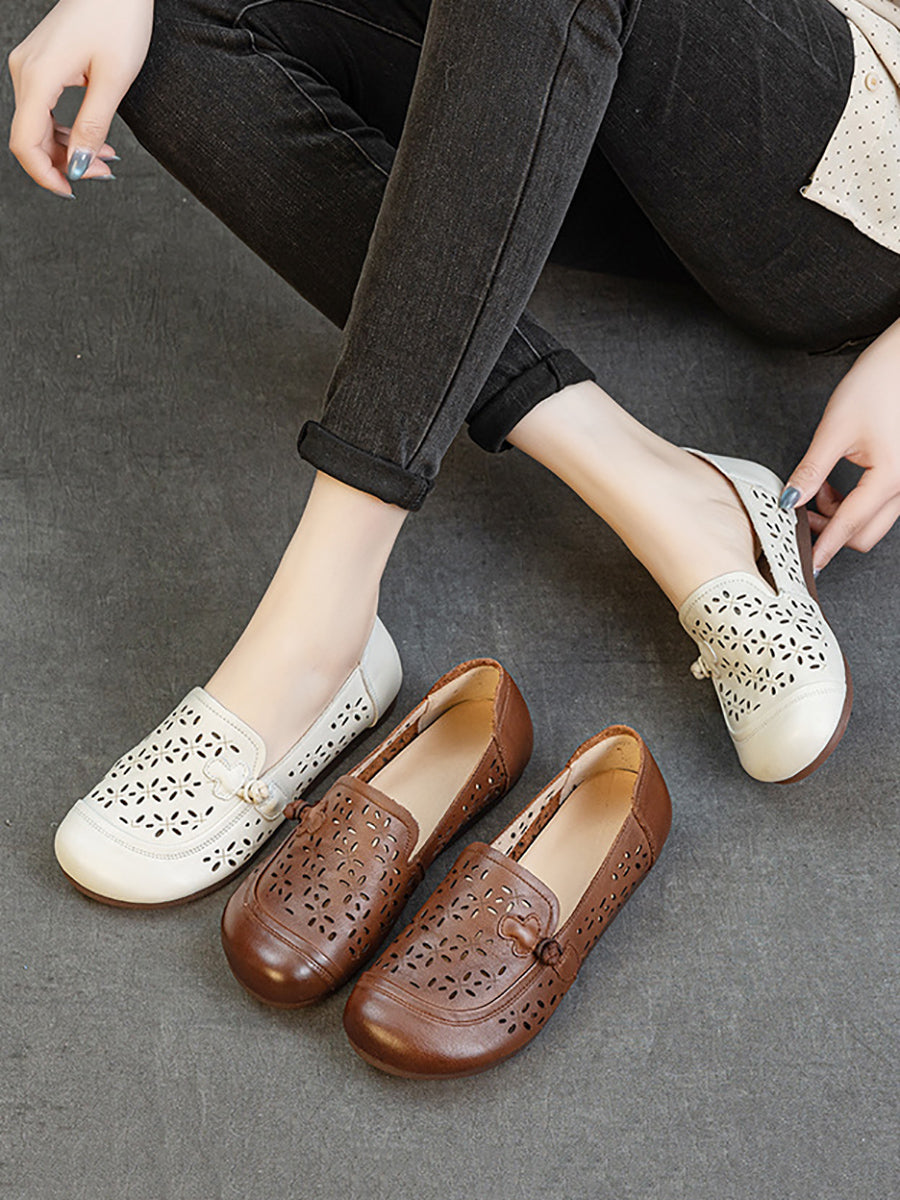 Women Vintage Genuine Leather Hollow Out Flat Shoes