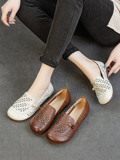 Women Vintage Genuine Leather Hollow Out Flat Shoes