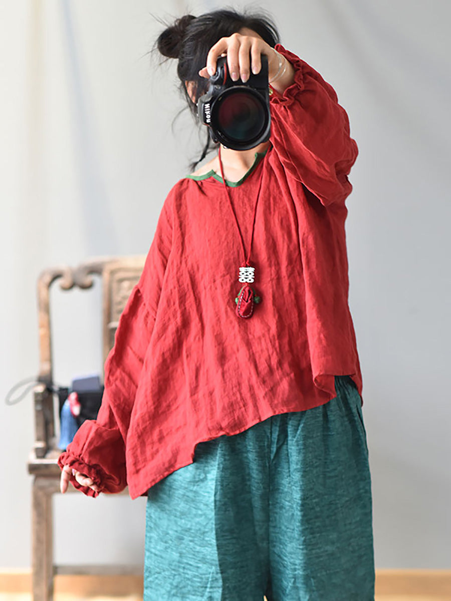 Plus Size Women Spring Retro V-Neck Puff Sleeve Shirt