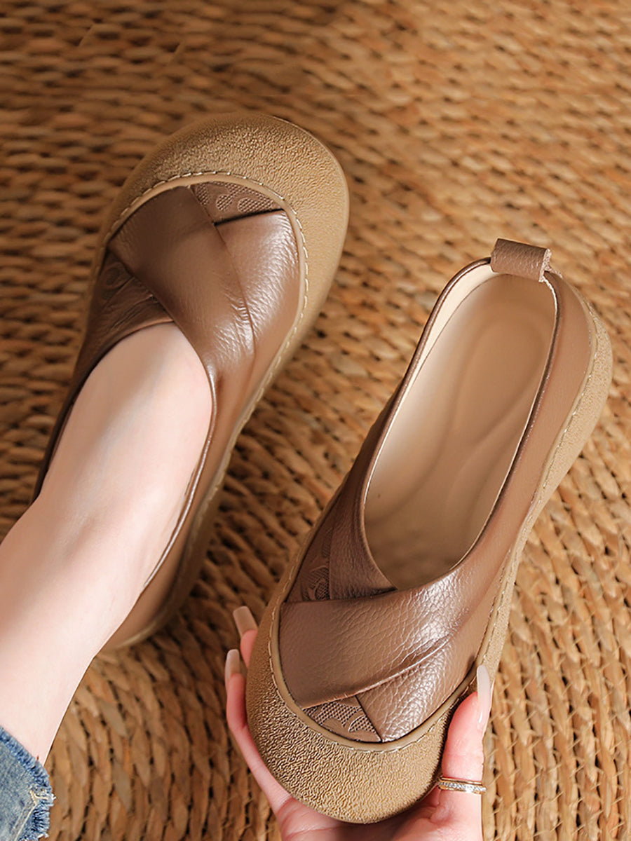 Women Summer Genuine Leather Spliced Flat Shoes
