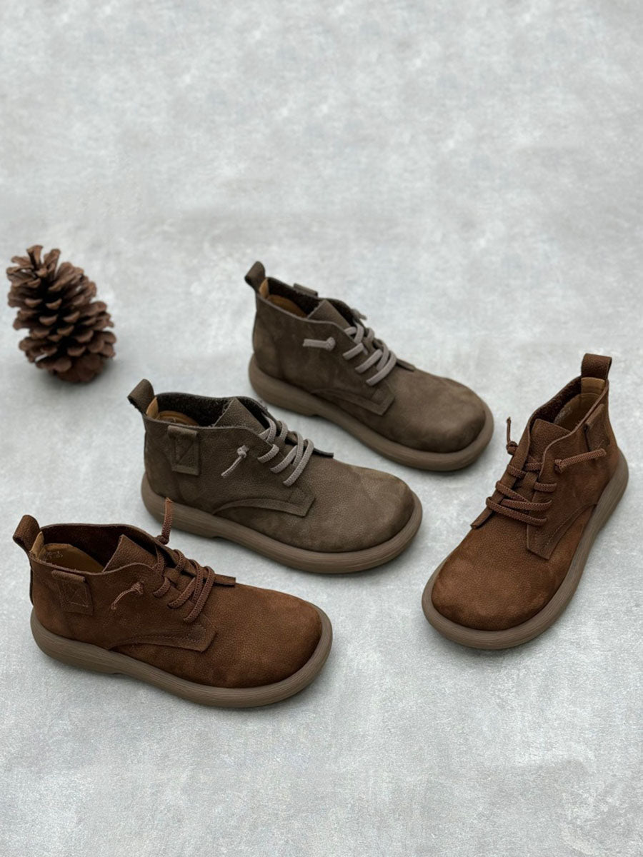 Women Vintage Genuine Leather Strap Low Heel Boots