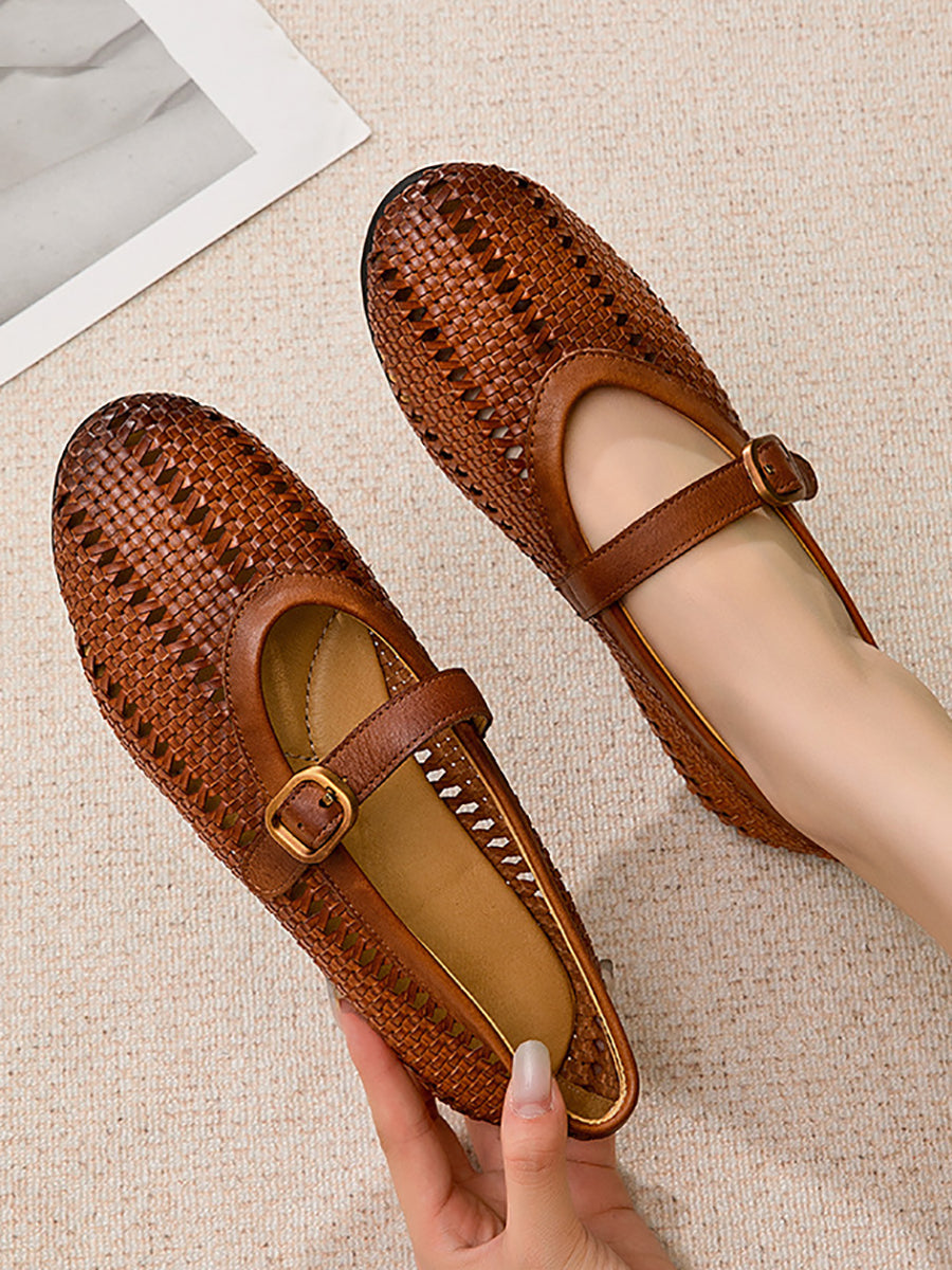 Women Vintage Leather Weave Low Heel Sandals