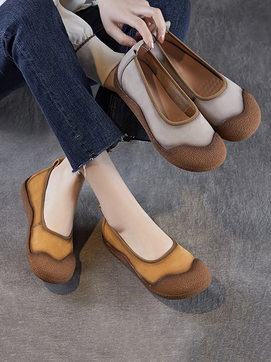 Women Summer Genuine Leather Colorblock Flat Shoes