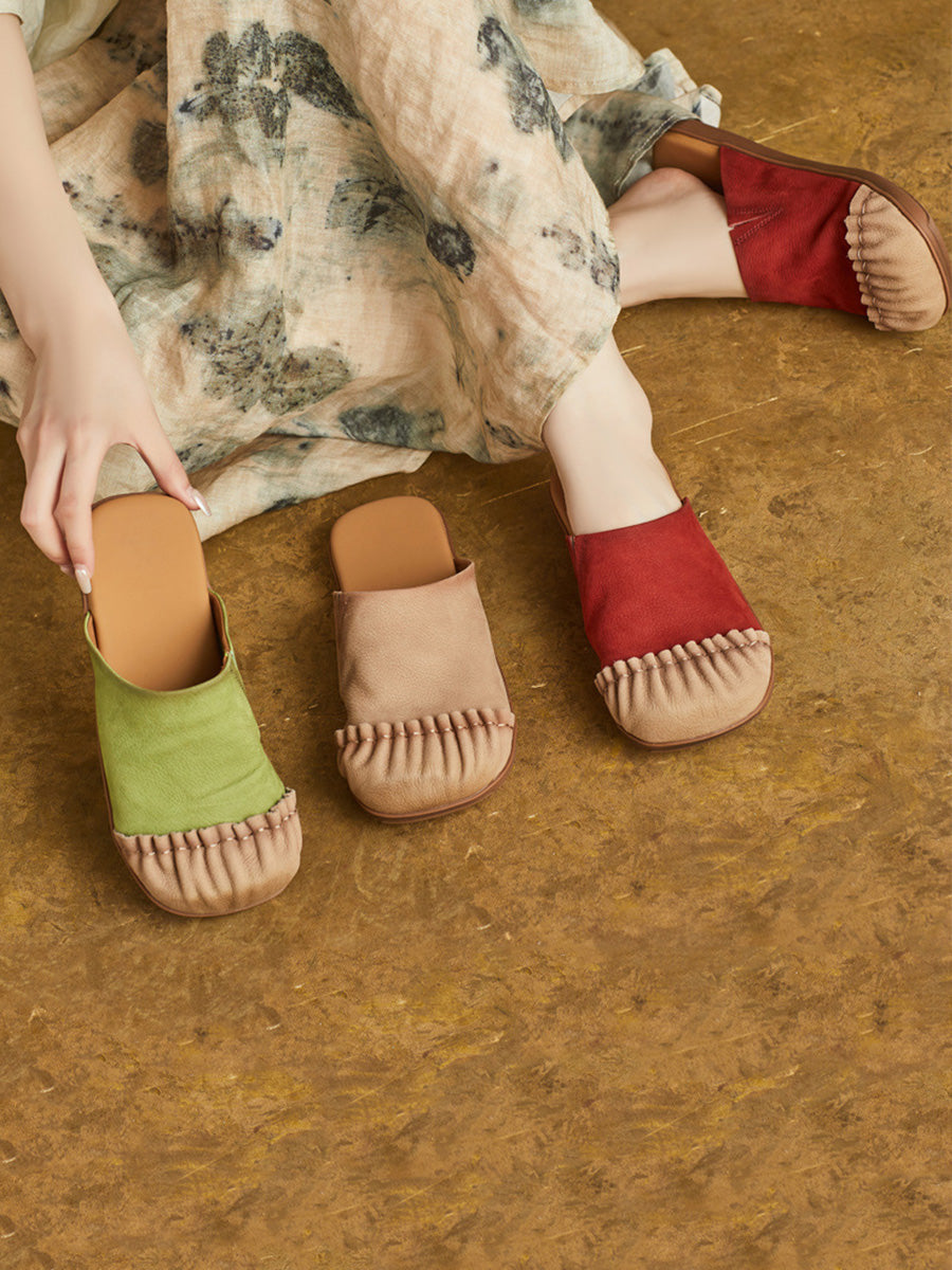 Women Casual Summer Pleated Genuine Leather Slippers