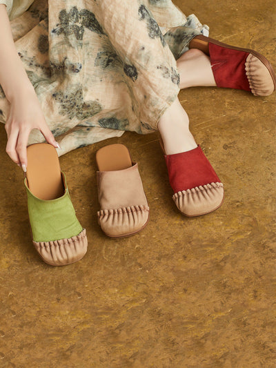 Women Casual Summer Pleated Genuine Leather Slippers
