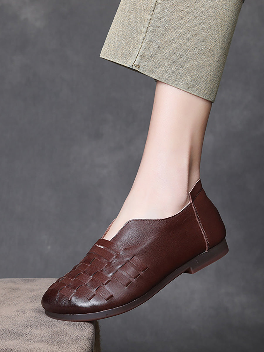Women Retro Leather Weave Low Heel Shoes