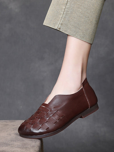 Women Retro Leather Weave Low Heel Shoes