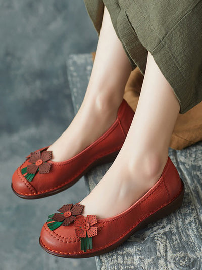 Women Spring Leather Flower Spliced Low Heel Shoes