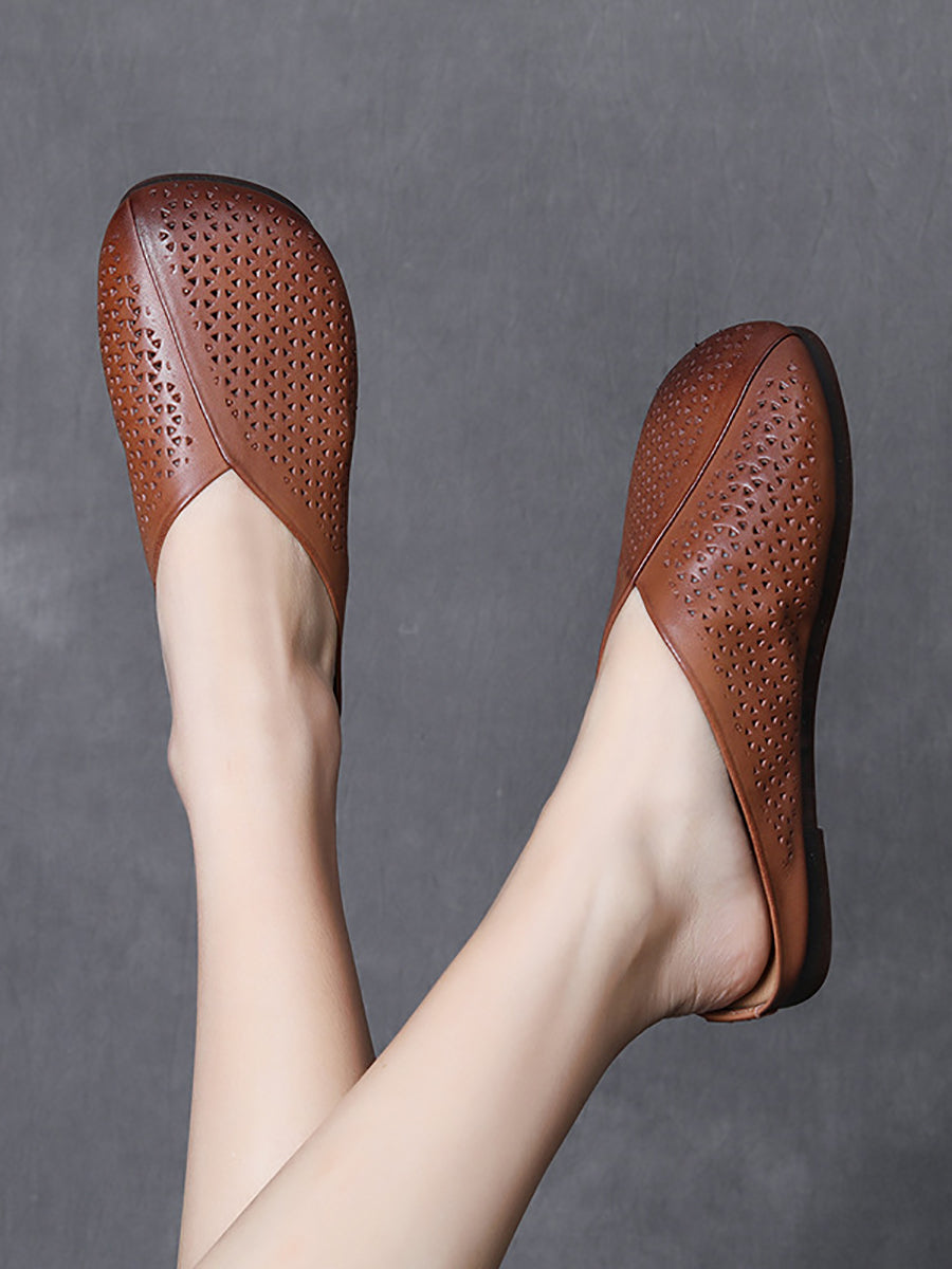 Women Summer Vintage Hollow Out Leather Flat Slippers