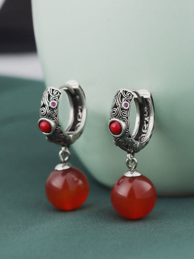 Vintage Red Agate Cooper-plating Silver Earrings