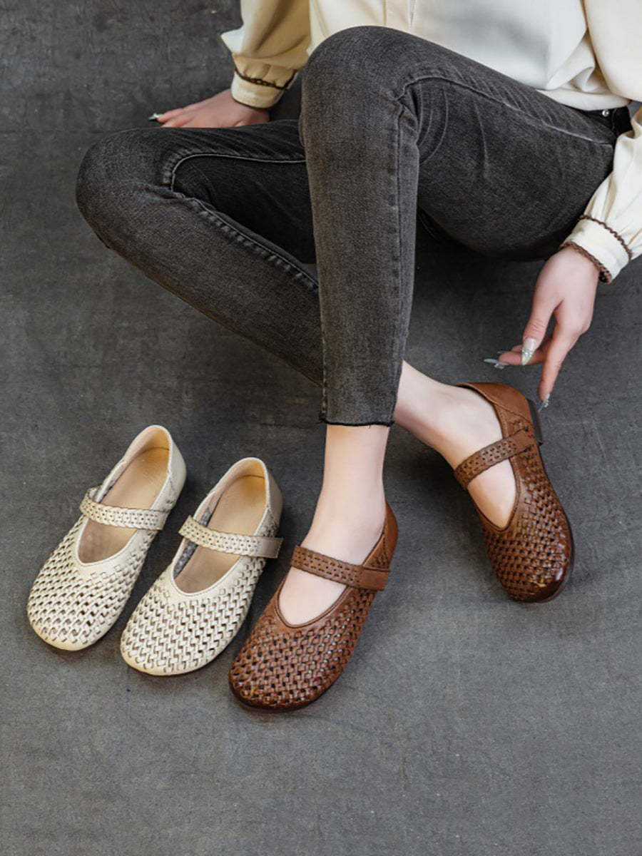 Women Summer Leather Hollow Out Low Heel Shoes