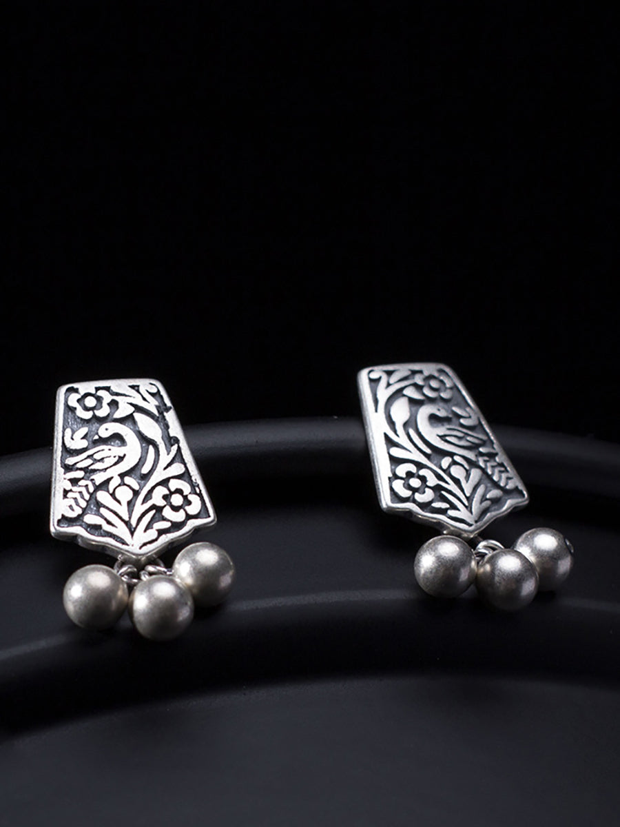 Women Vintage Silver Carve Bead Pendant Earrings