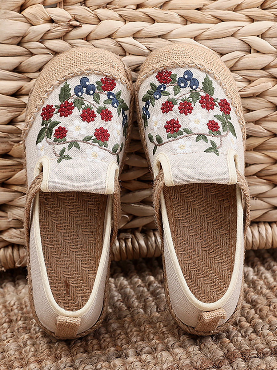 Women Ethnic Flower Embroidery Flat Linen Shoes