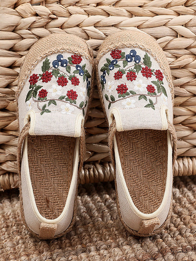 Women Ethnic Flower Embroidery Flat Linen Shoes