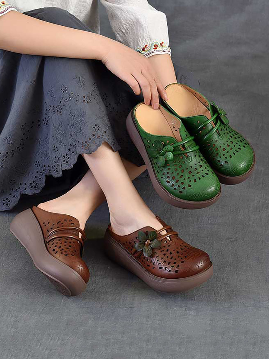 Women Ethnic Leather Flower Hollow Out Platform Slippers