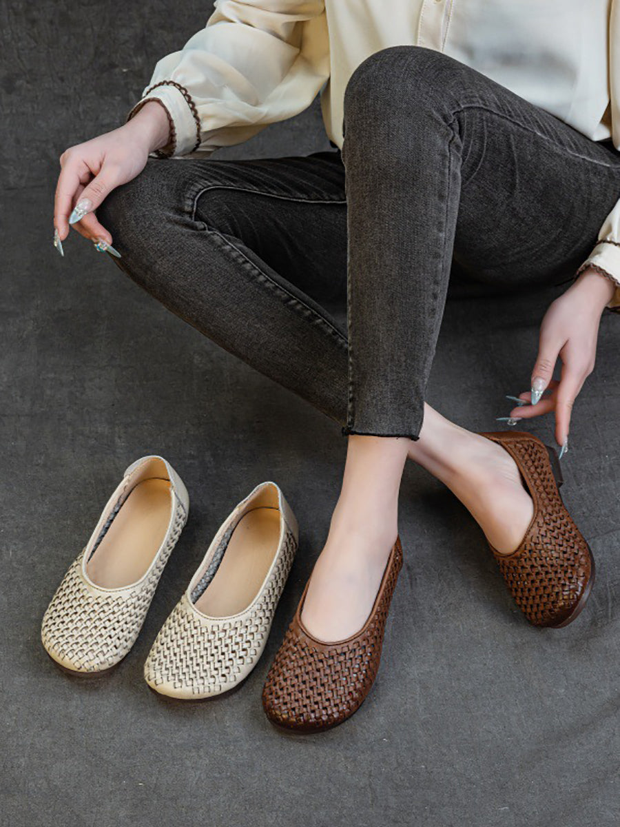 Women Summer Vintage Leather Weave Low Heel Shoes