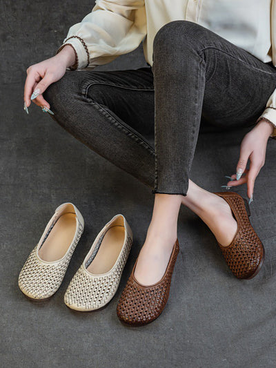 Women Summer Vintage Leather Weave Low Heel Shoes