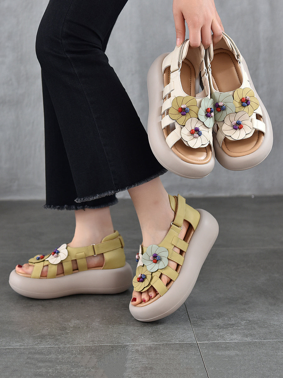 Women Casual Artsy Leather Flowe Platform Sandals