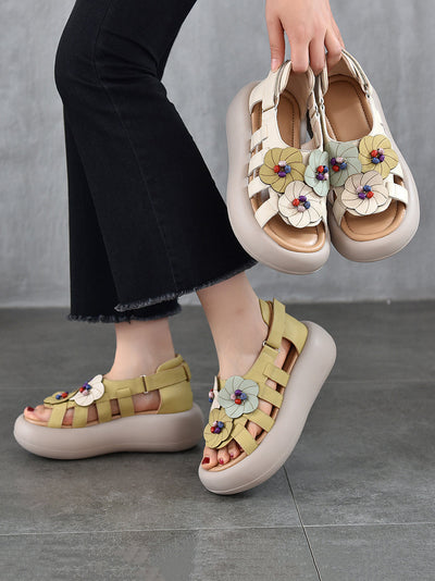 Women Casual Artsy Leather Flowe Platform Sandals