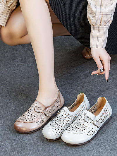 Women Summer Genuine Leather Hollow Out Low Heel Shoes