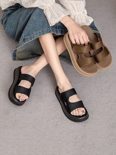 Women Summer Casual Genuine Leather Platform Slippers
