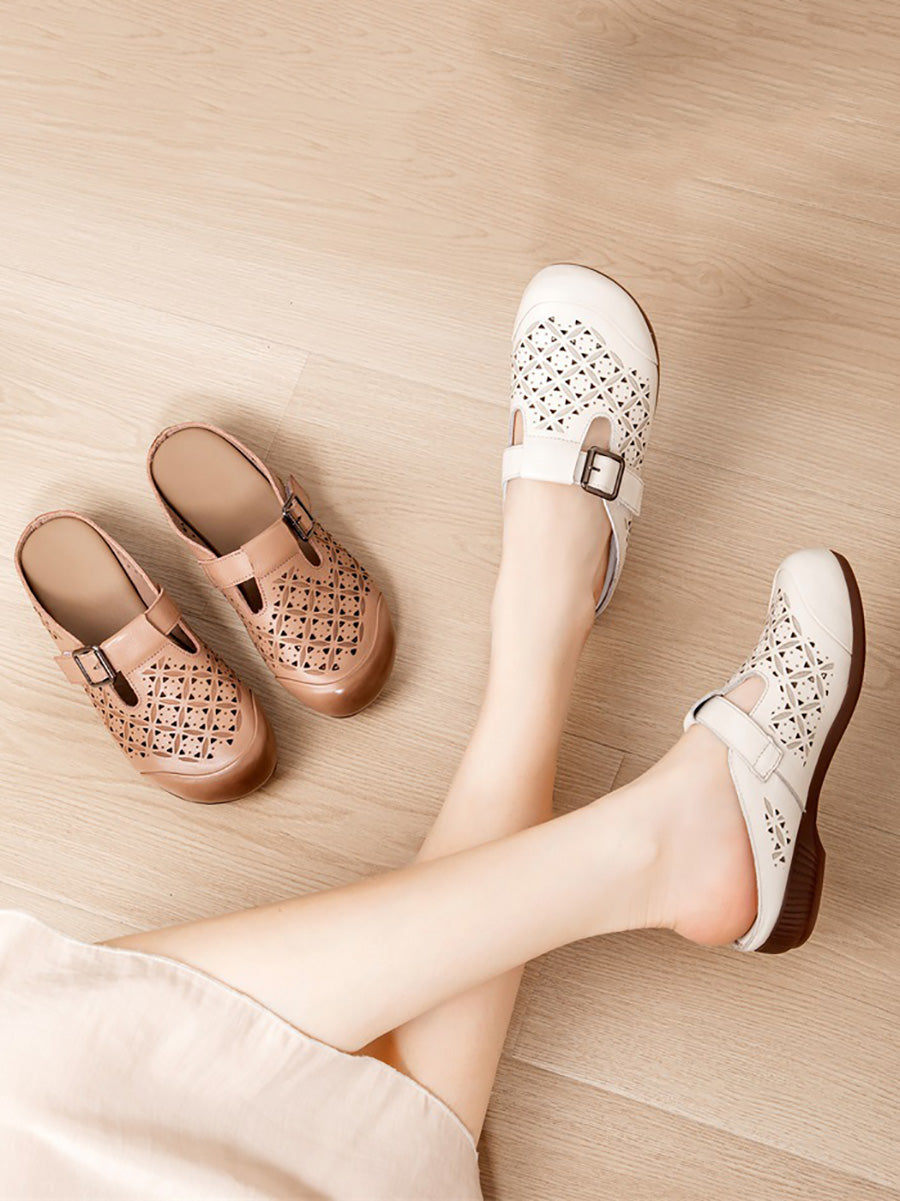 Women Vintage Genuine Leather Hollow Out Low Heel Shoes