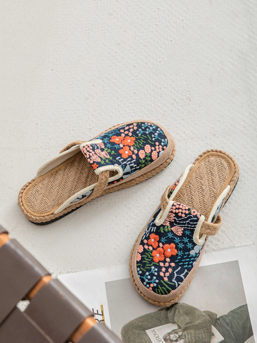 Women Summer Ethnic Flower Embroidery Cotton Slippers