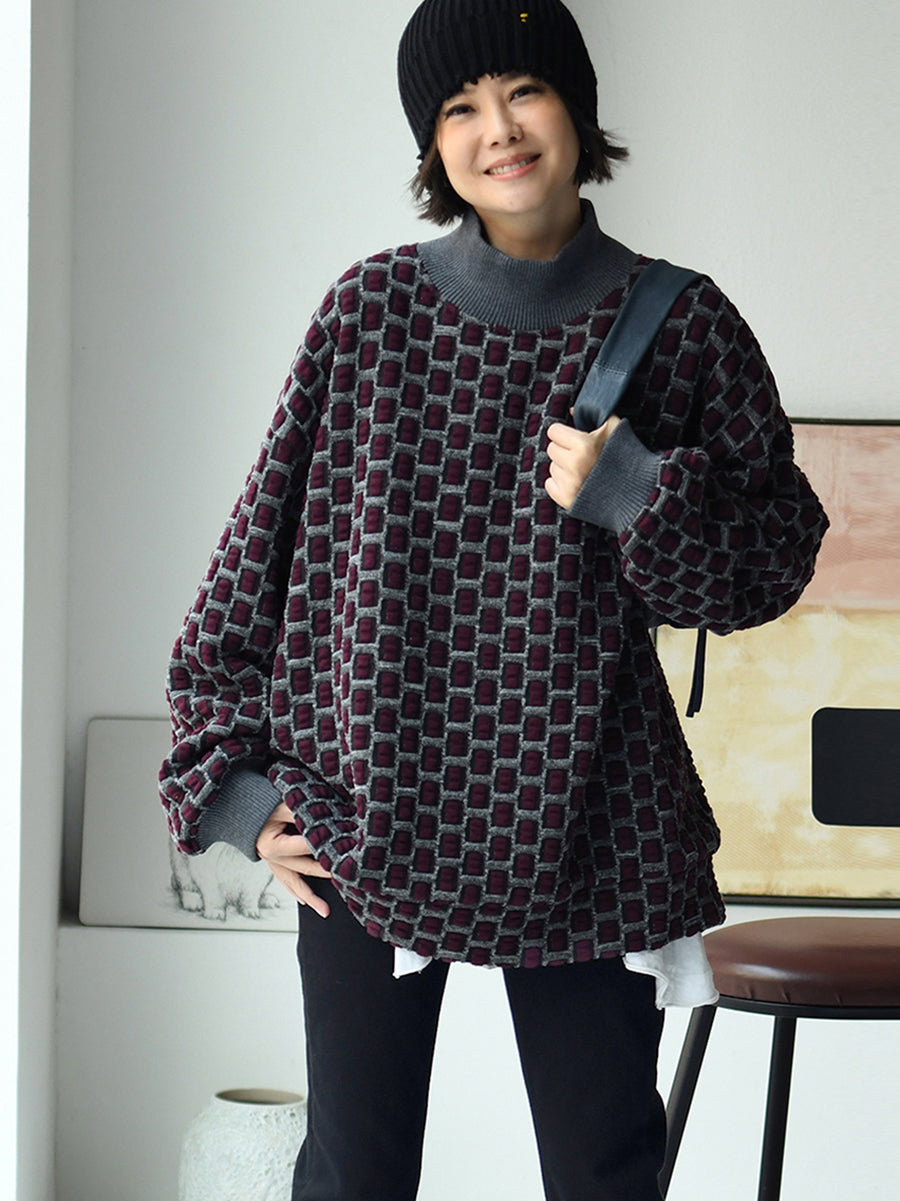 Women Artsy Plaid Fleece-lined Half-Turtleneck Blouse