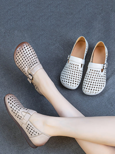 Women Casual Soft Leather Hollow Out Low Heel Shoes