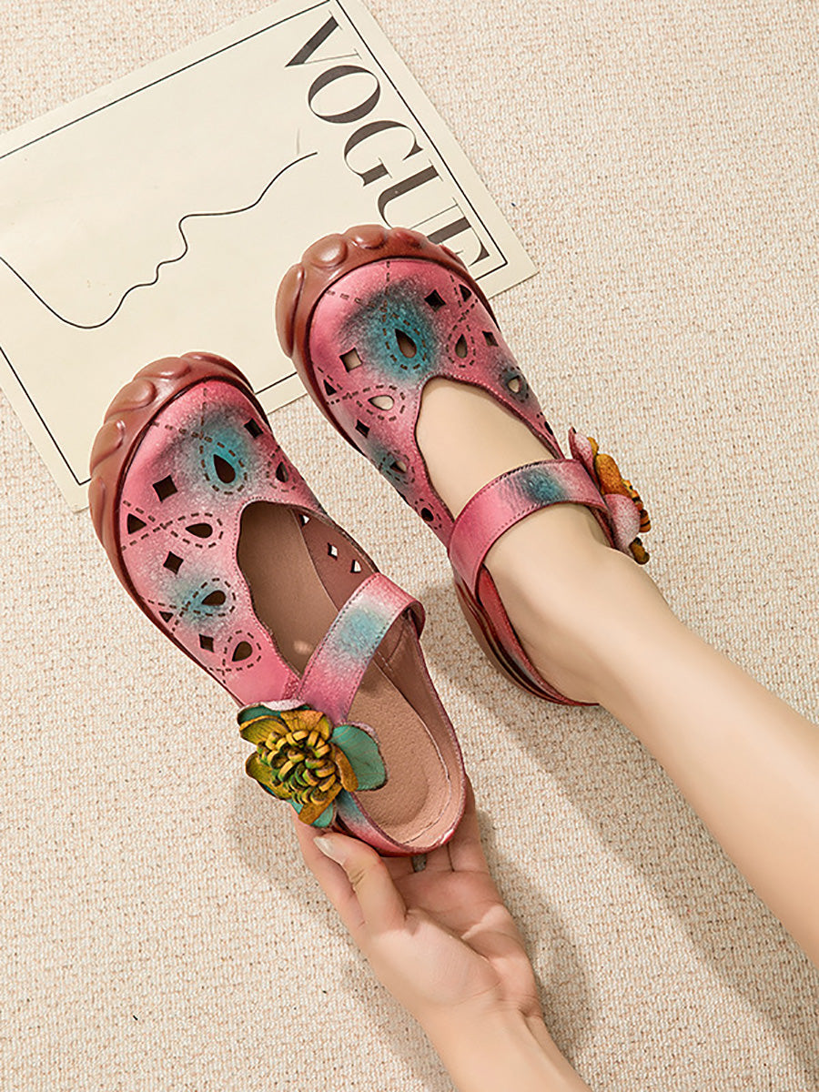 Women Artsy Colorblock Leather Flower Flat Sandals