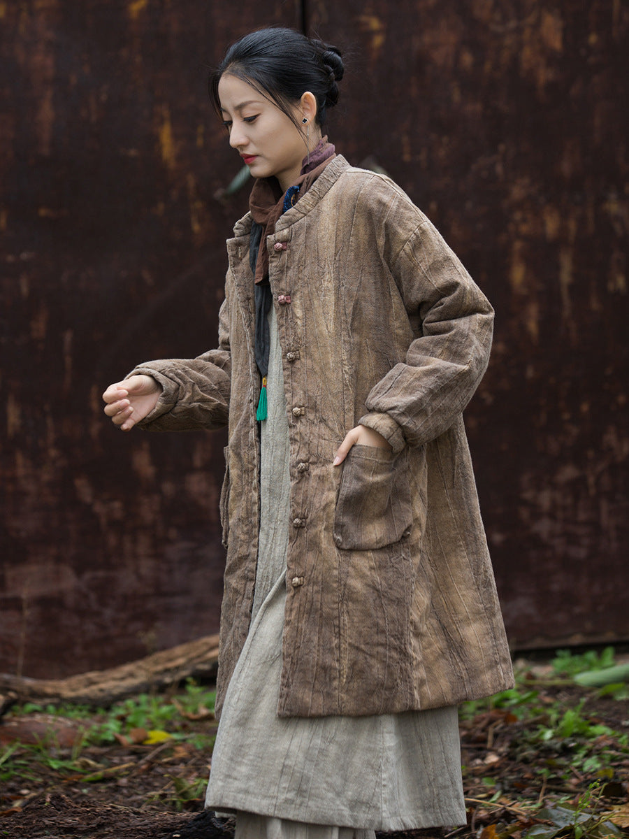 Women Winter Ethnic Solid Ramie Padded Long Coat