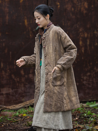 Women Winter Ethnic Solid Ramie Padded Long Coat