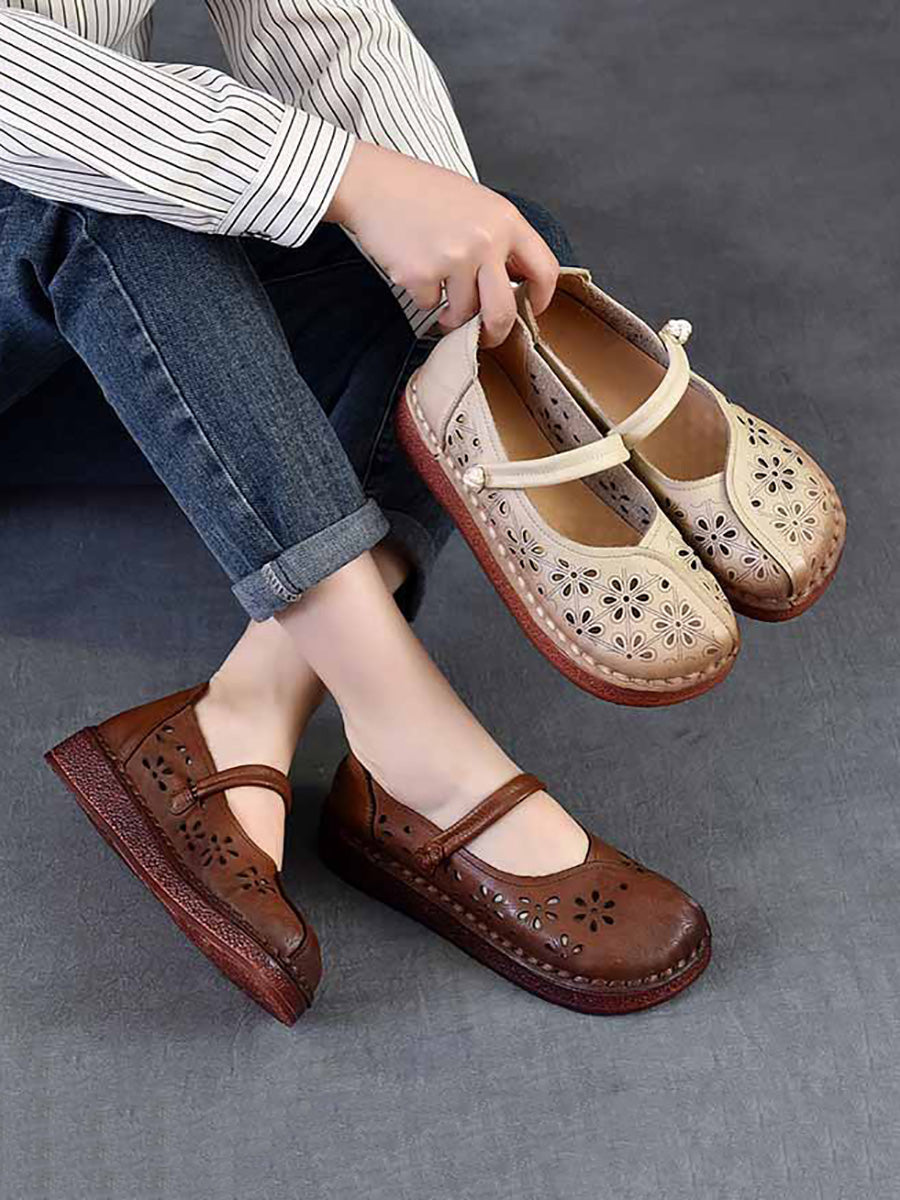 Women Vintage Leather Flower Hollow Out Low Heel Shoes