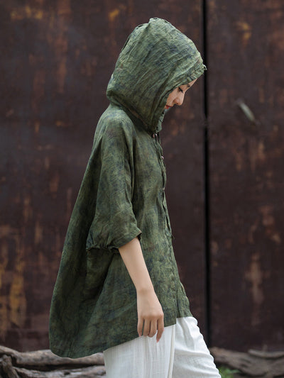 Plus Size Women Summer Vintage Tie-dye Batwing Sleeve Hooded Shirt