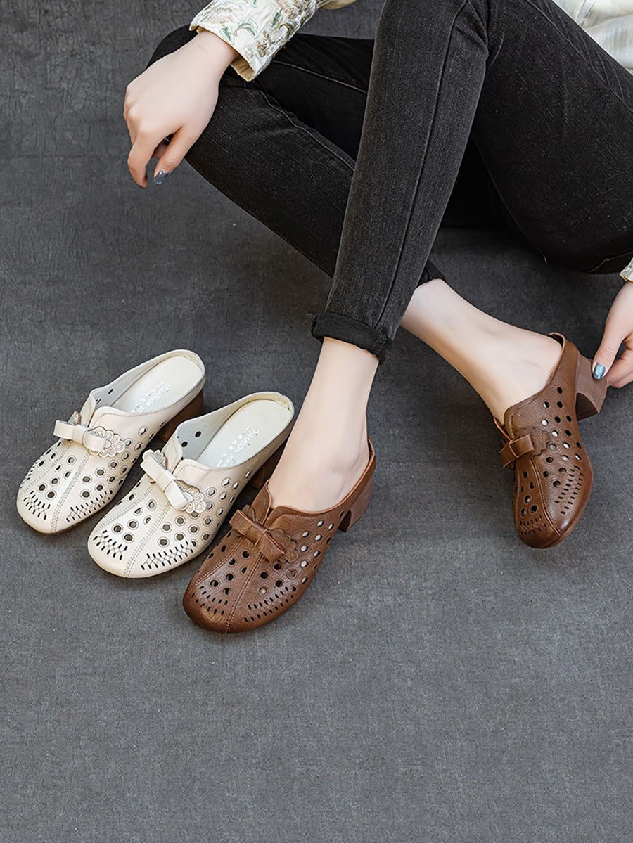 Women Summer Genuine Leather Hollow Out Mid Heel Slippers