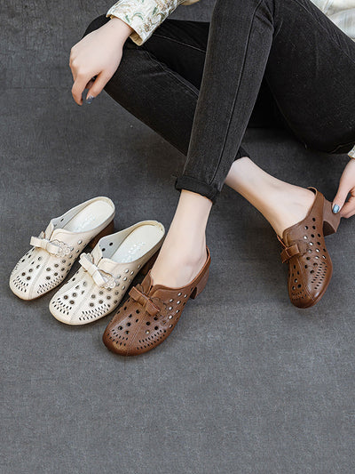 Women Summer Genuine Leather Hollow Out Mid Heel Slippers