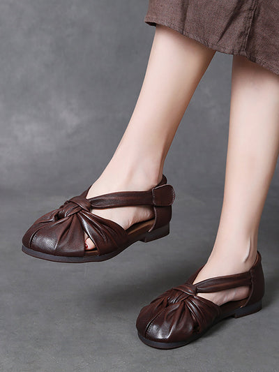 Women Summer Vintage Genuine Leather Spliced Sandals