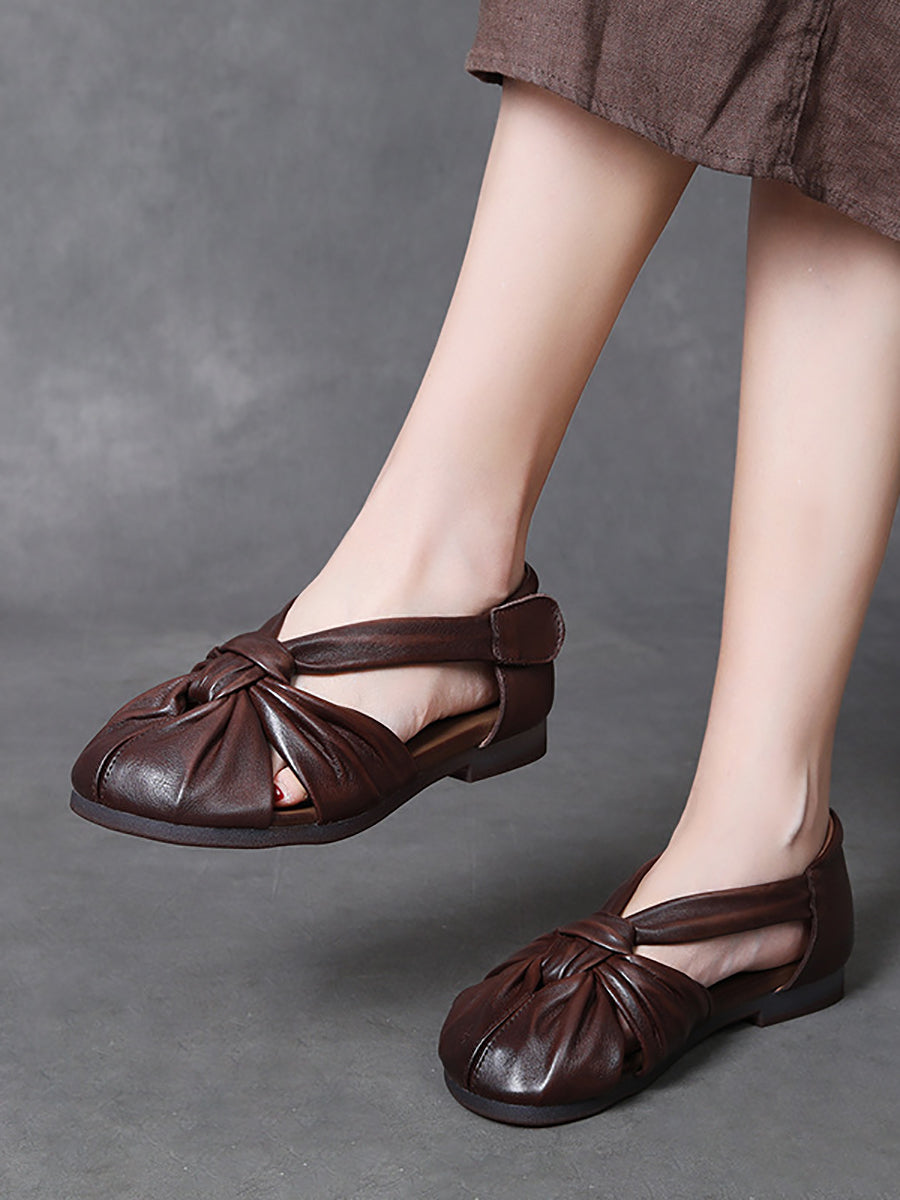 Women Summer Vintage Genuine Leather Spliced Sandals