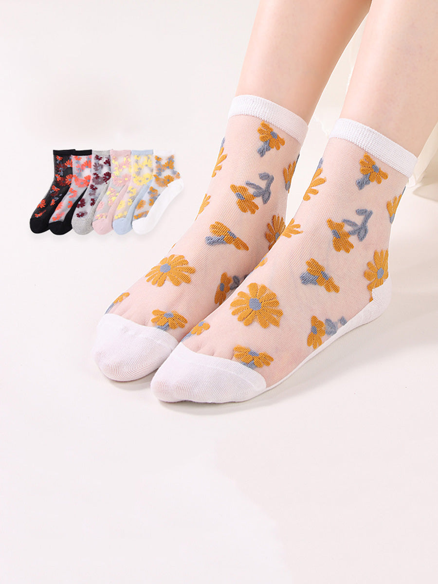 6 Pairs Women Summer Casual Flower Thin Socks