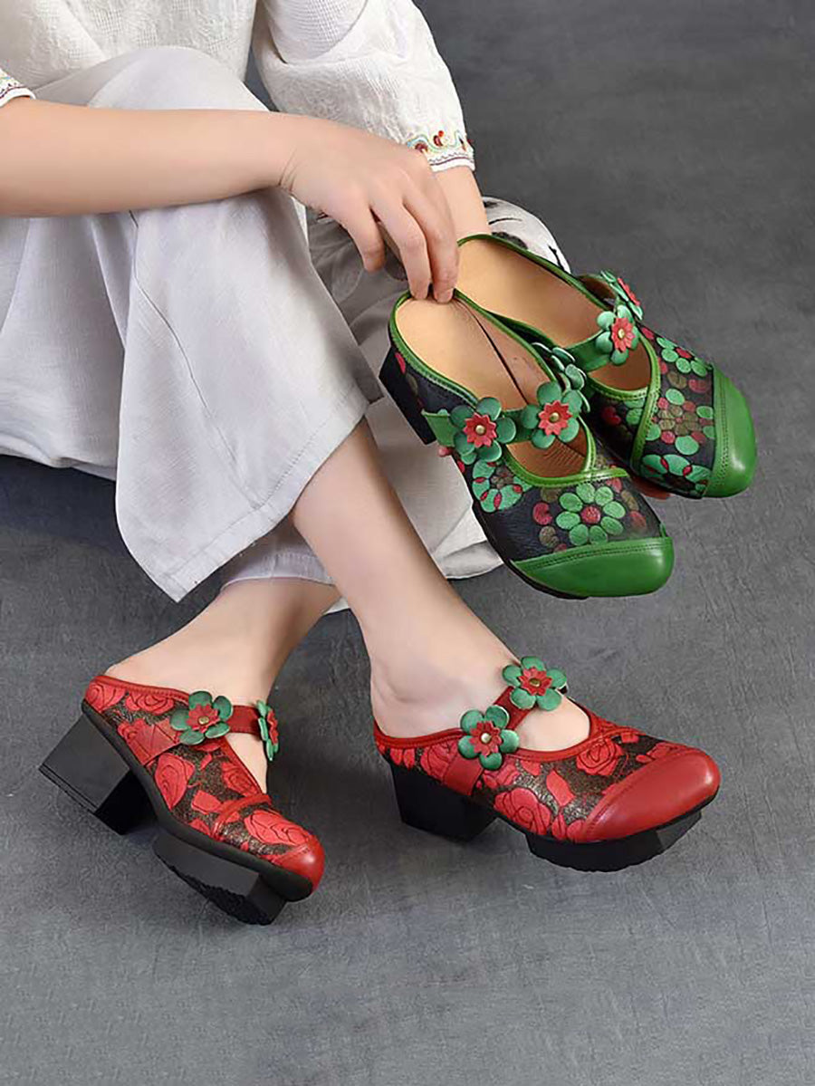 Women Fashion Flower Leather Platform Slippers